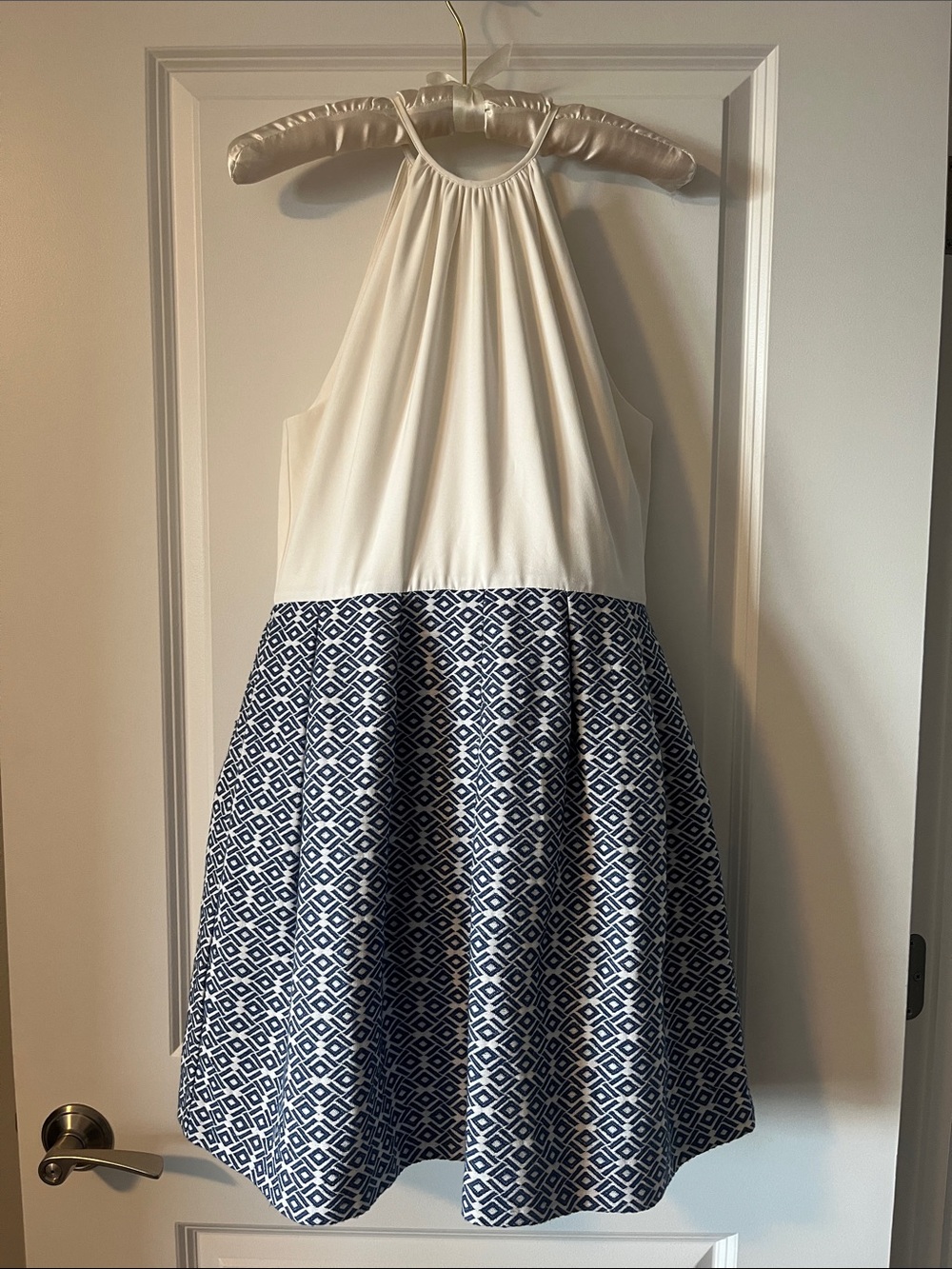White Halter Dress with Navy Geometric Skirt - HUTCH